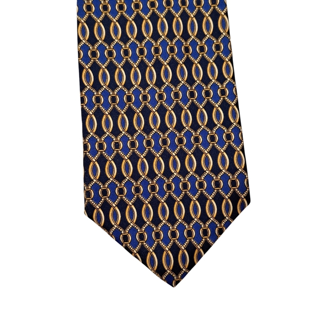 Vintage Bert Pulitzer Made In U.S.A Blue Gold 100% Silk‎ Patterned Standard Tie
